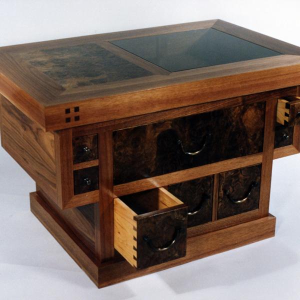 Hibachi Table. Inspired by Japanese tea ceremony furniture, this end table features dovetailed drawers and a glass-topped recess for displaying a collection of netsuke bone carvings.